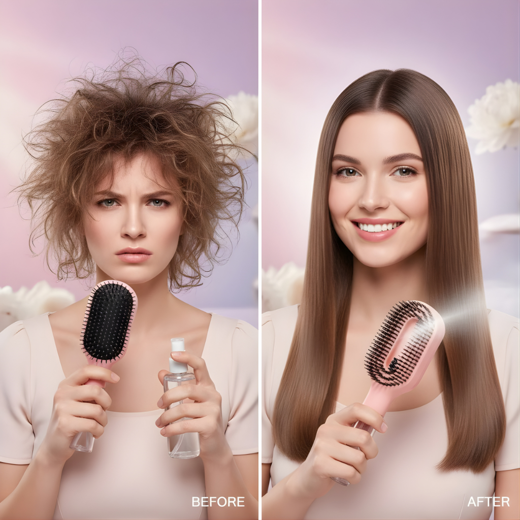 Before and after comparison of a woman with messy hair using a brush and spray, and smooth hair with a brush.