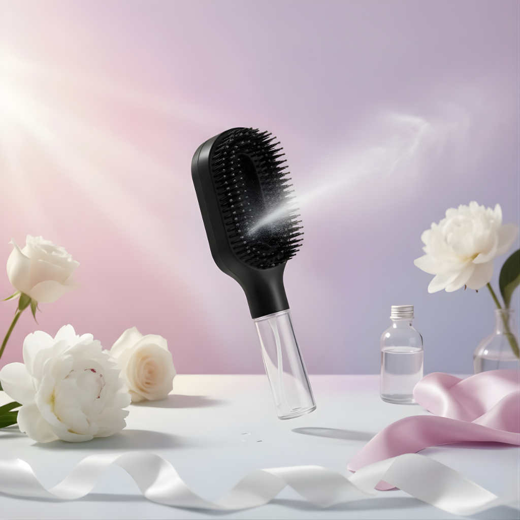 Black hairbrush with clear handle on a white surface with flowers and a pink ribbon.