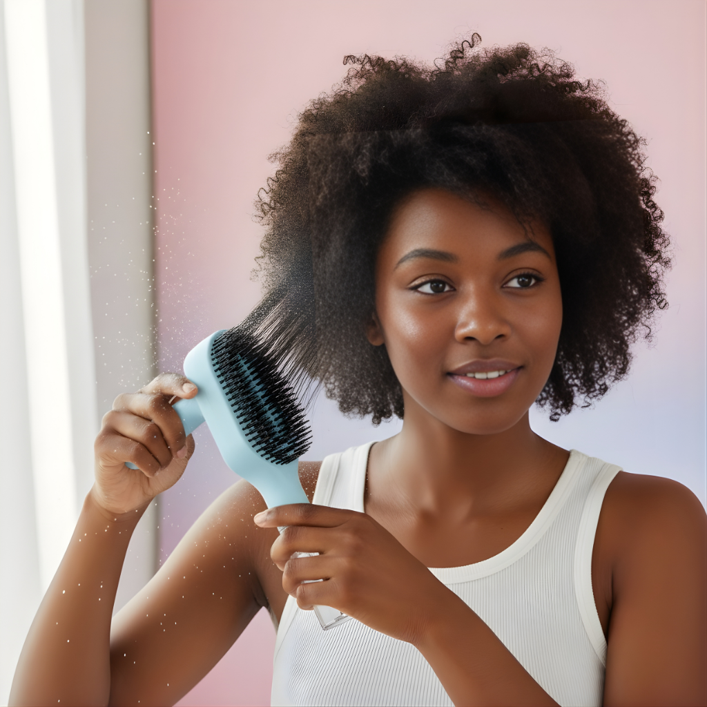 Woman brushing her afro-textured hair with a blue brush against a light pink background