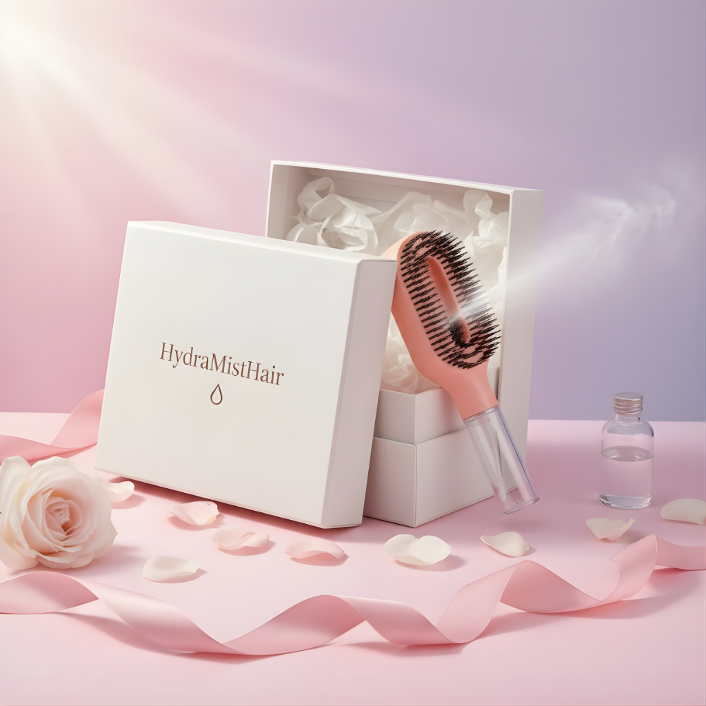 Pink hairbrush in a white box with 'HydraMistHair' branding on a pink background with flowers and petals.