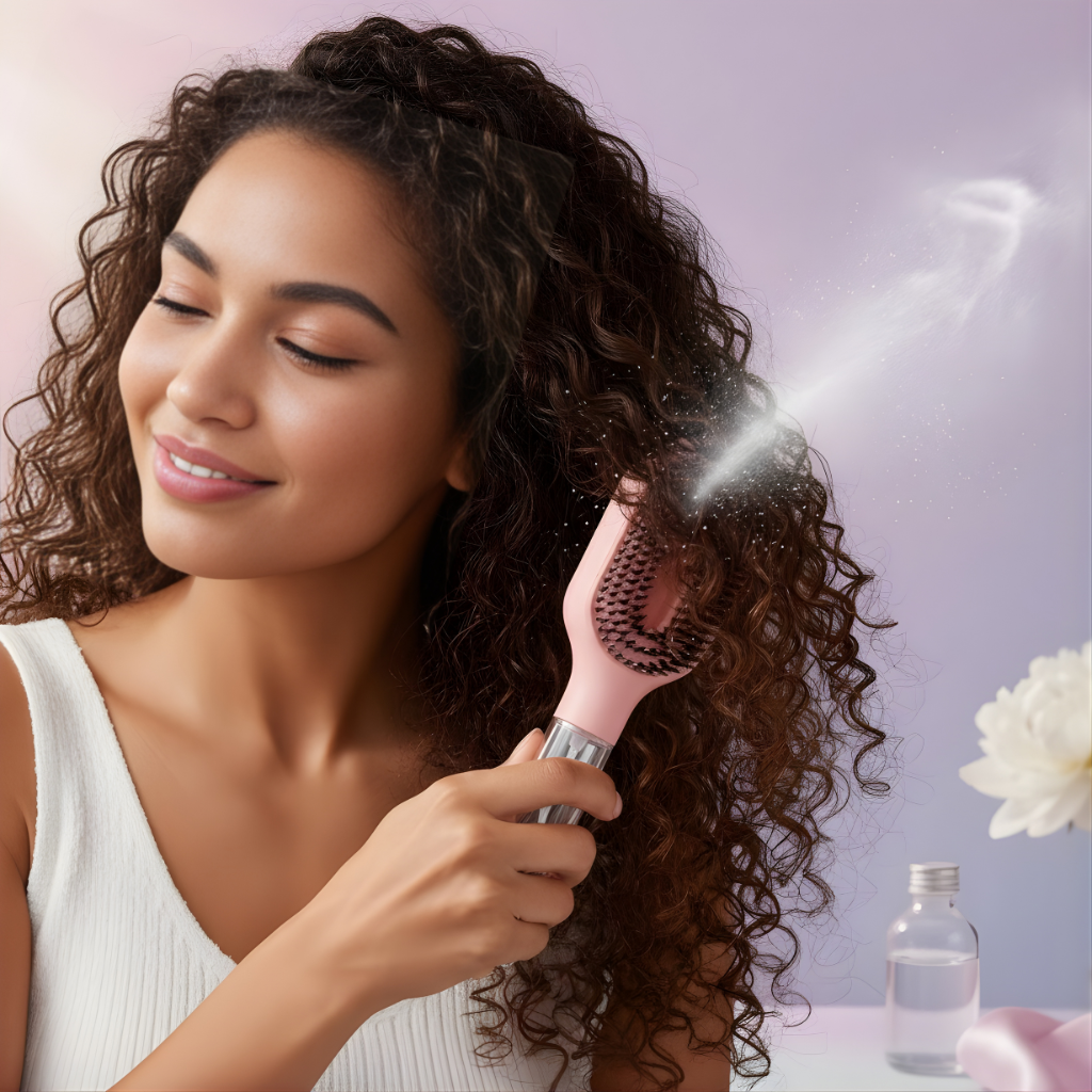 Woman using a hairbrush with steam, likely for hair care, against a soft background.