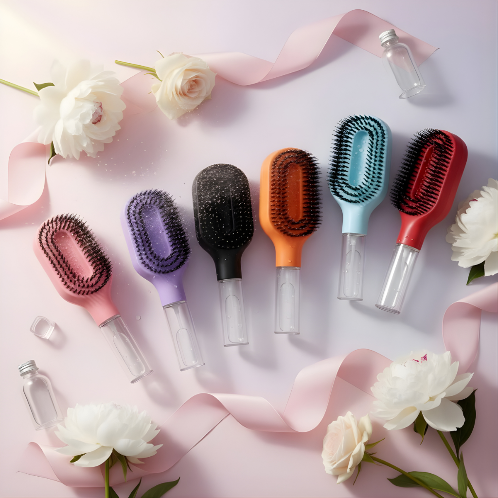 Set of colorful hairbrushes on a pink background with flowers and ribbons