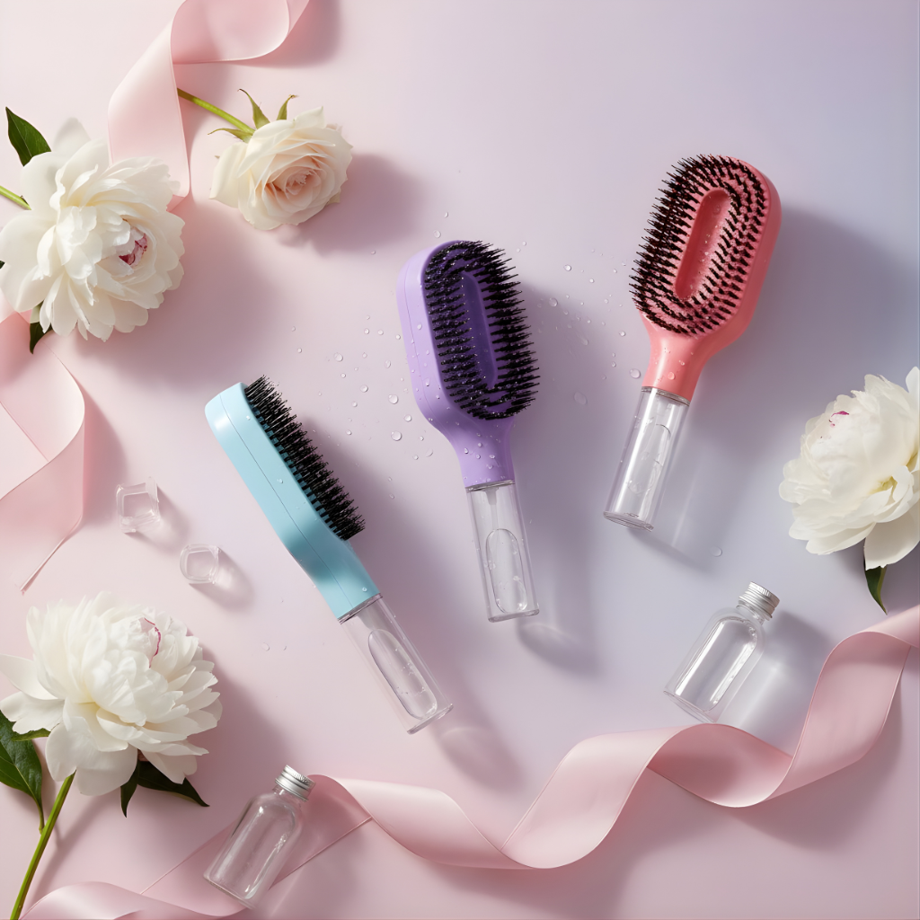 Set of hairbrushes and bottles on a pink background with flowers and ribbons