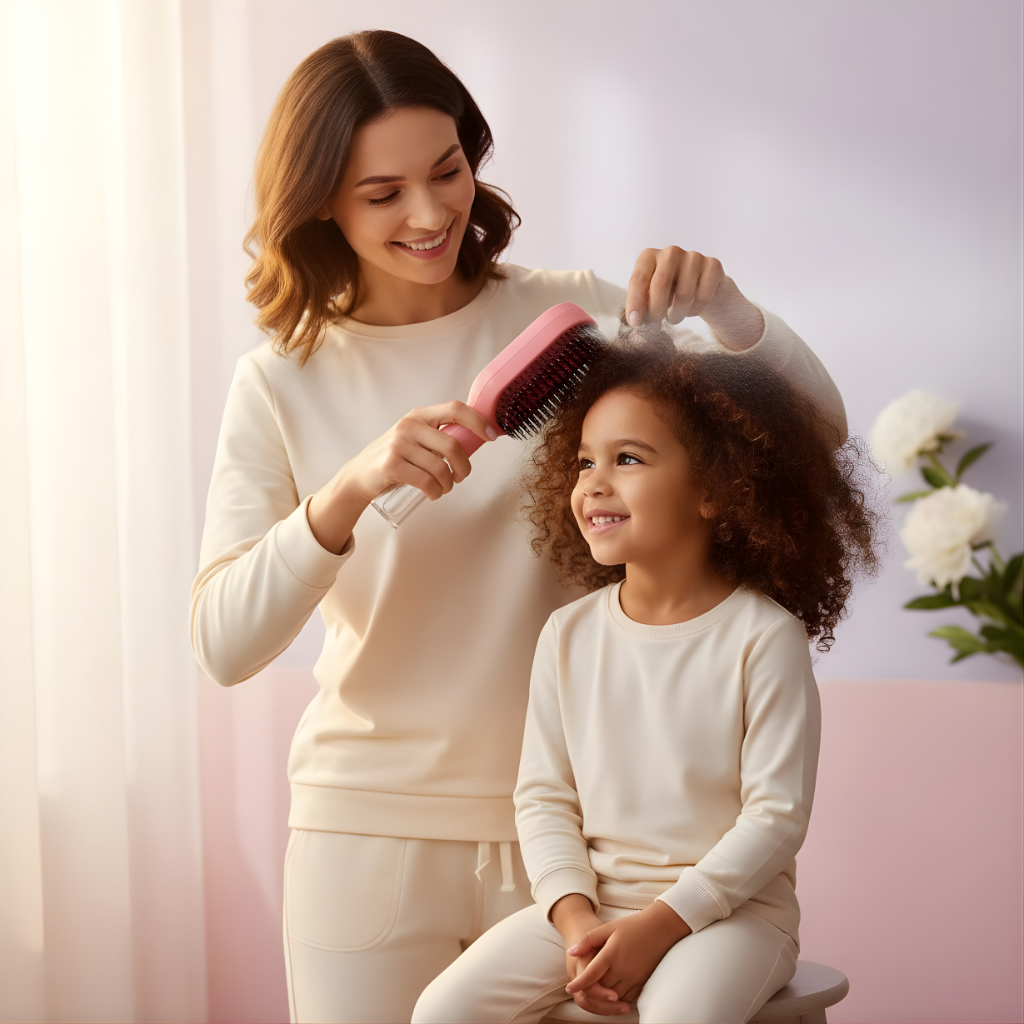 Woman and child in matching outfits brushing hair together, with a soft, warm background.