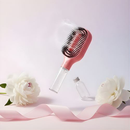 Pink hairbrush with clear bottle and white flowers on a light pink background