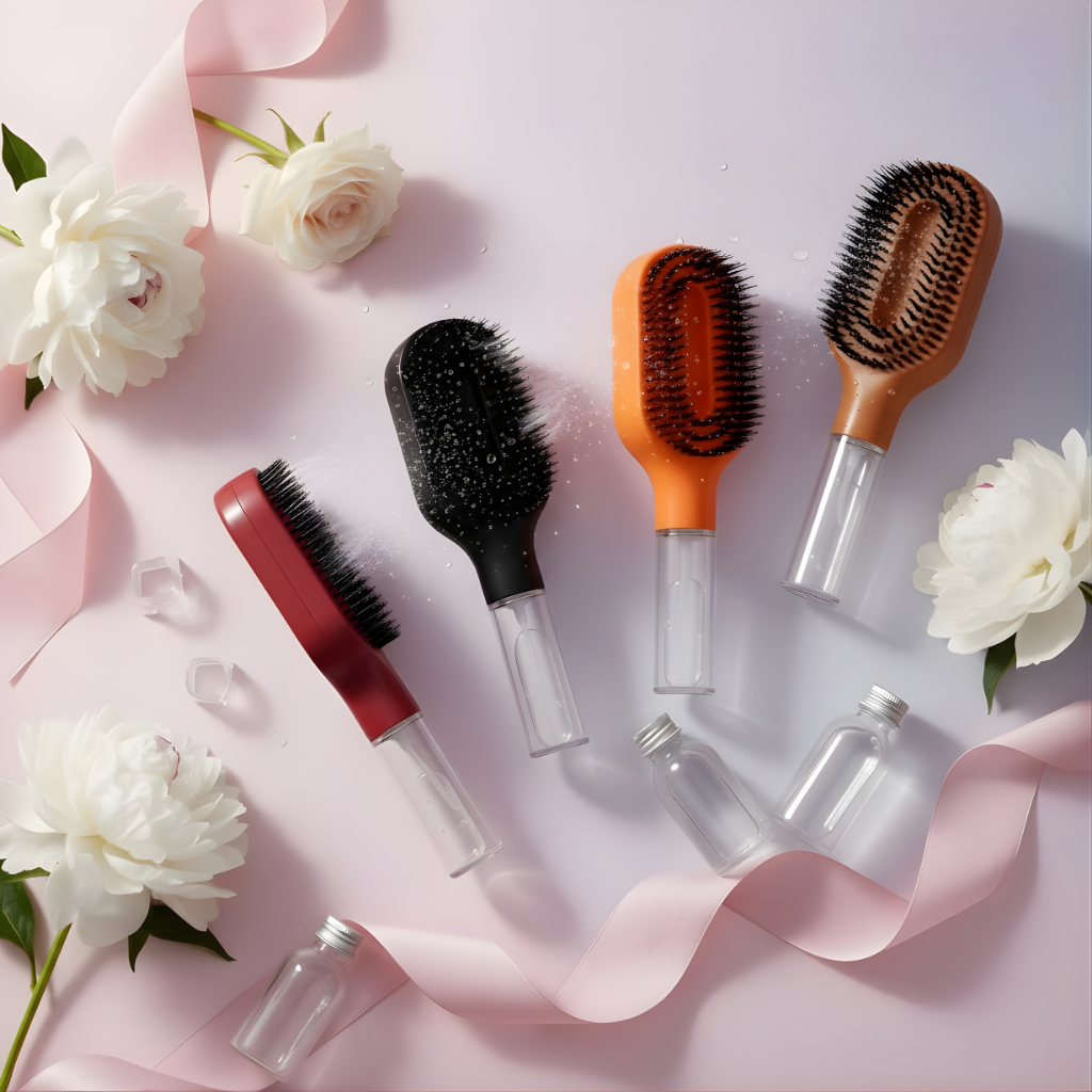 Set of hairbrushes on a pink background with flowers and ribbons