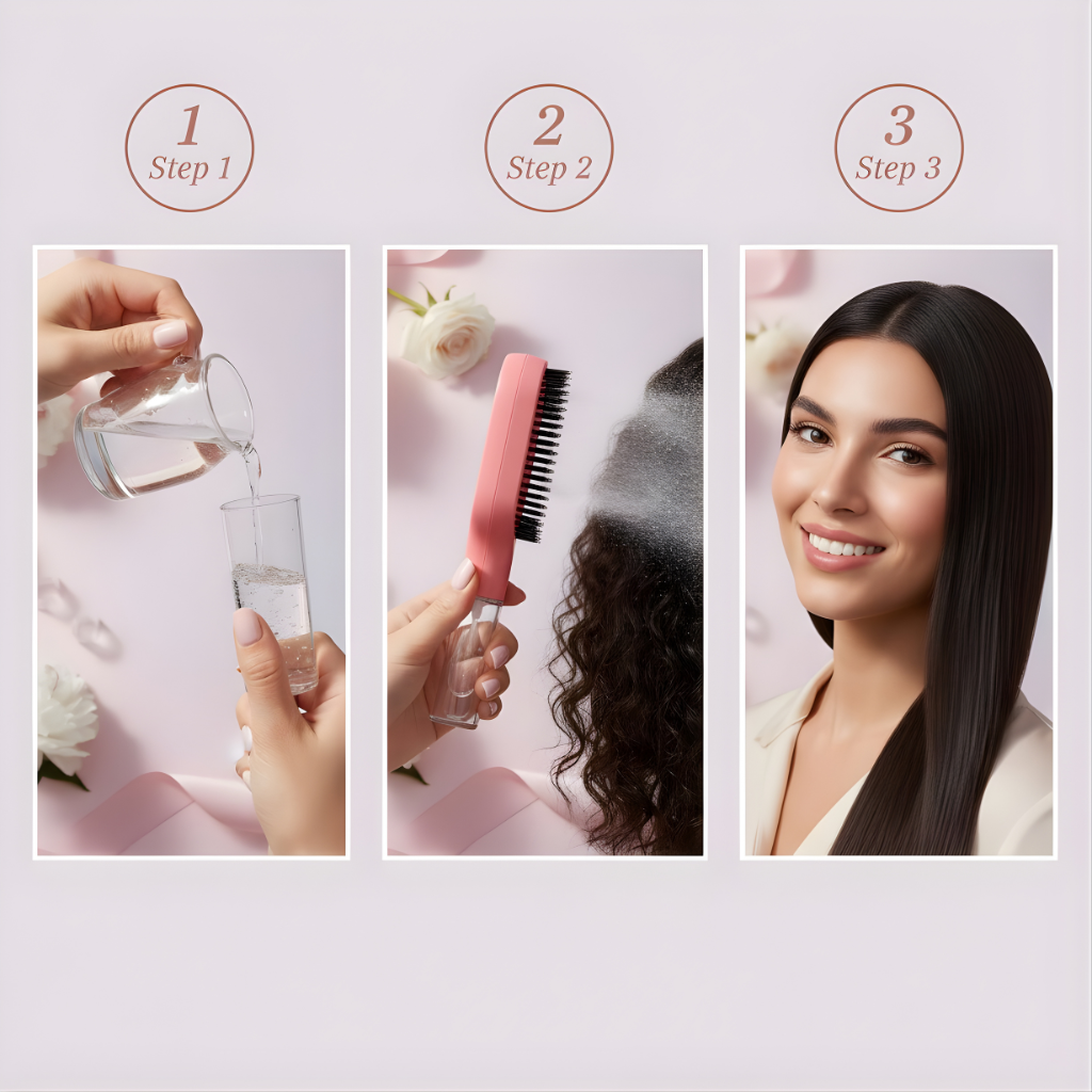 Step-by-step guide on hair care with a woman, brush, and water.